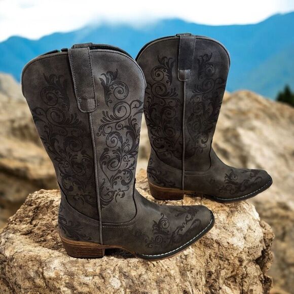 Roper Bailey Laser Square Toe Cowboy  Womens Black Casual Boots Size 8.5 - Picture 1 of 5